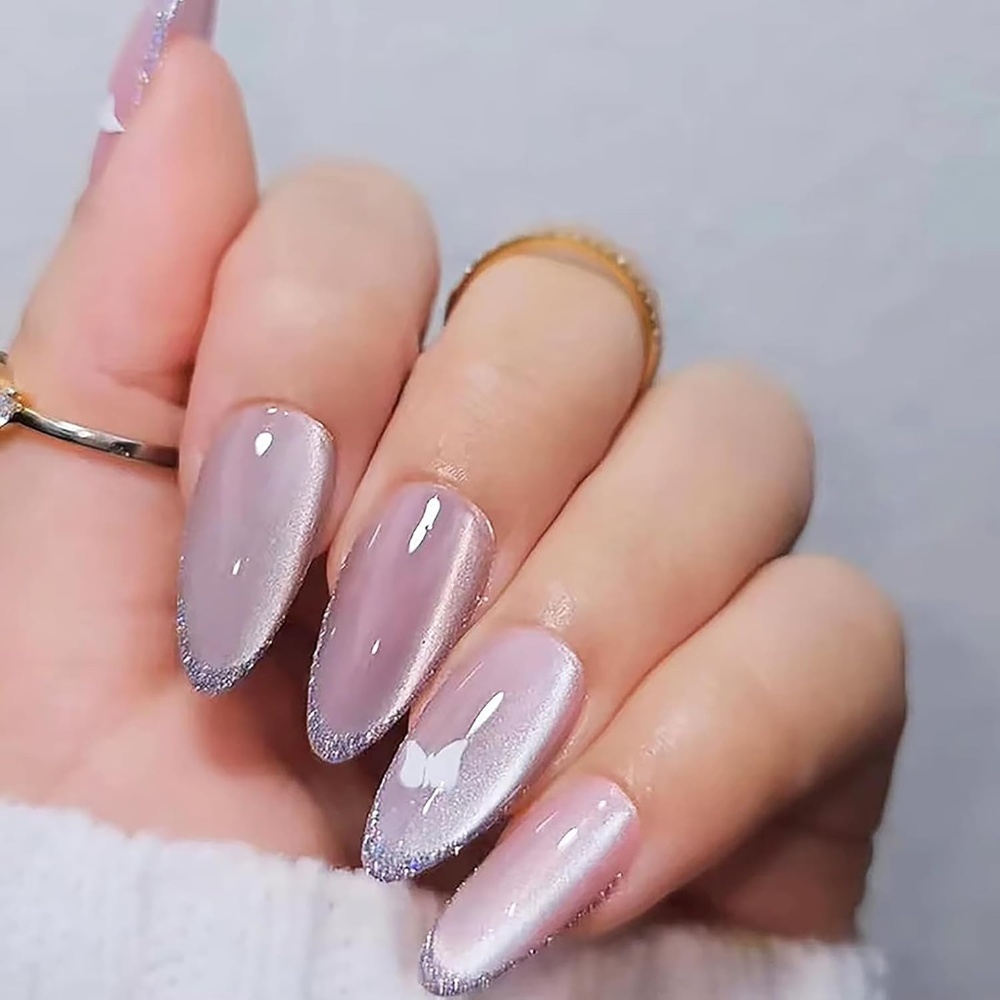 Lilac Silver Glitter Butterfly Cat Eye Medium Almond Press-On Nails